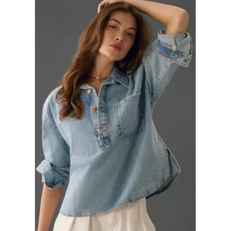 Anthropologie Women's S P The Becca Regenerative Cotton Denim Popover Shirt Top