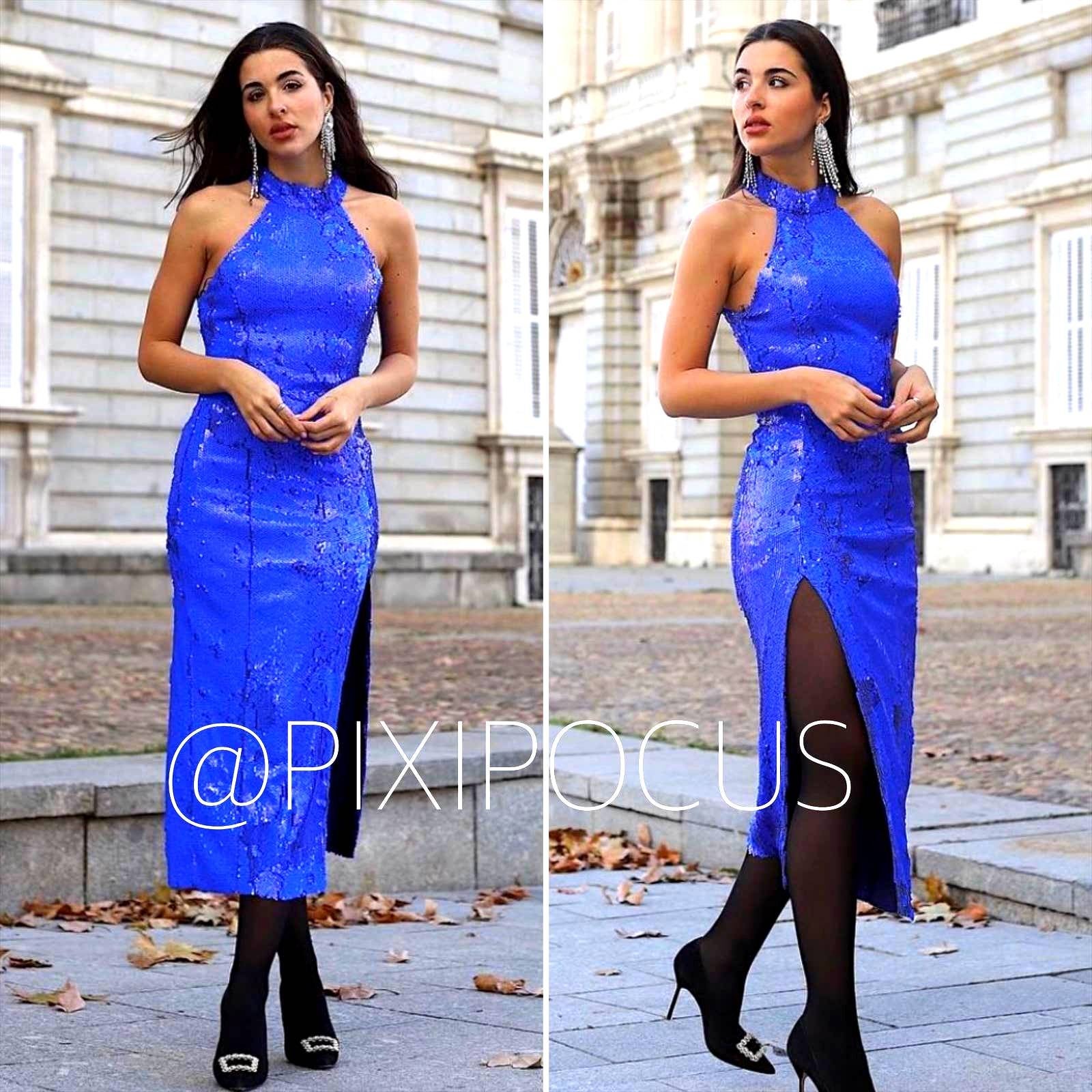 ZARA FITTED SEQUIN MIDI DRESS BLUE - SMALL