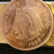 Mexican bronze coin & silverplate belt buckle