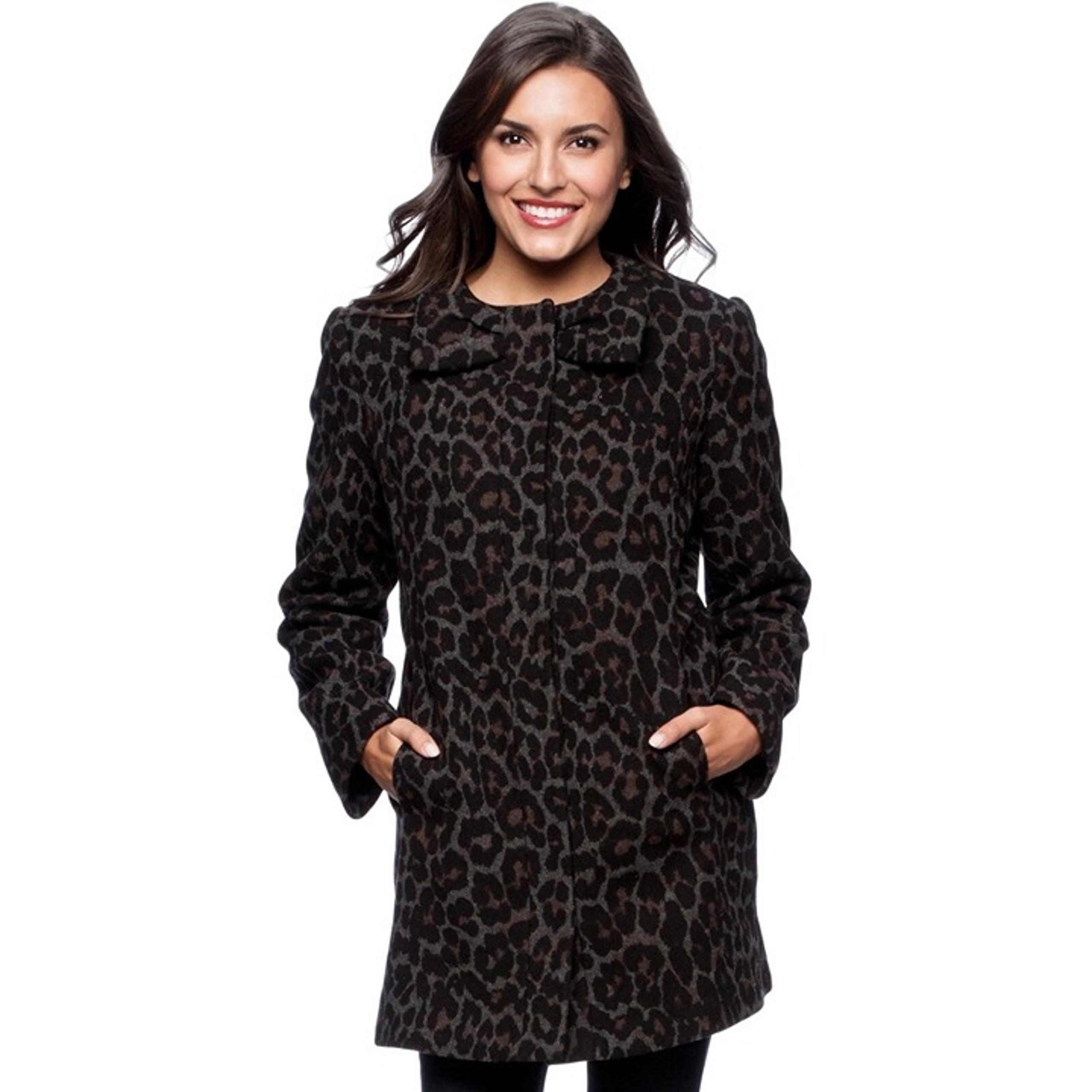Betsey Johnson L Leopard Wool Blend Coat Bow Black Gray Print