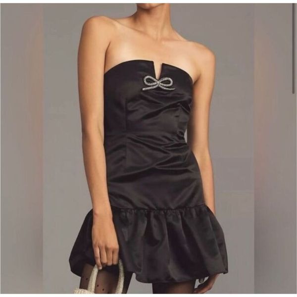 Anthropologie Maeve Strapless Bubble Flare Ruffle Hem Bow Mini Dress NWT small
