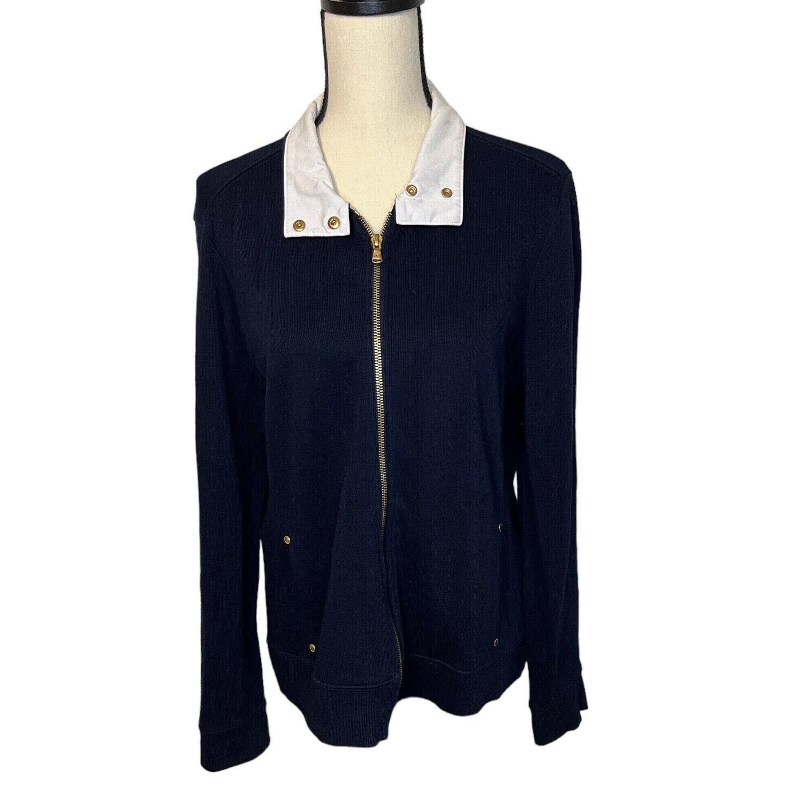 LAUREN by RALPH LAUREN Navy Sweater Full Zip Large Collar Cotton Size XL