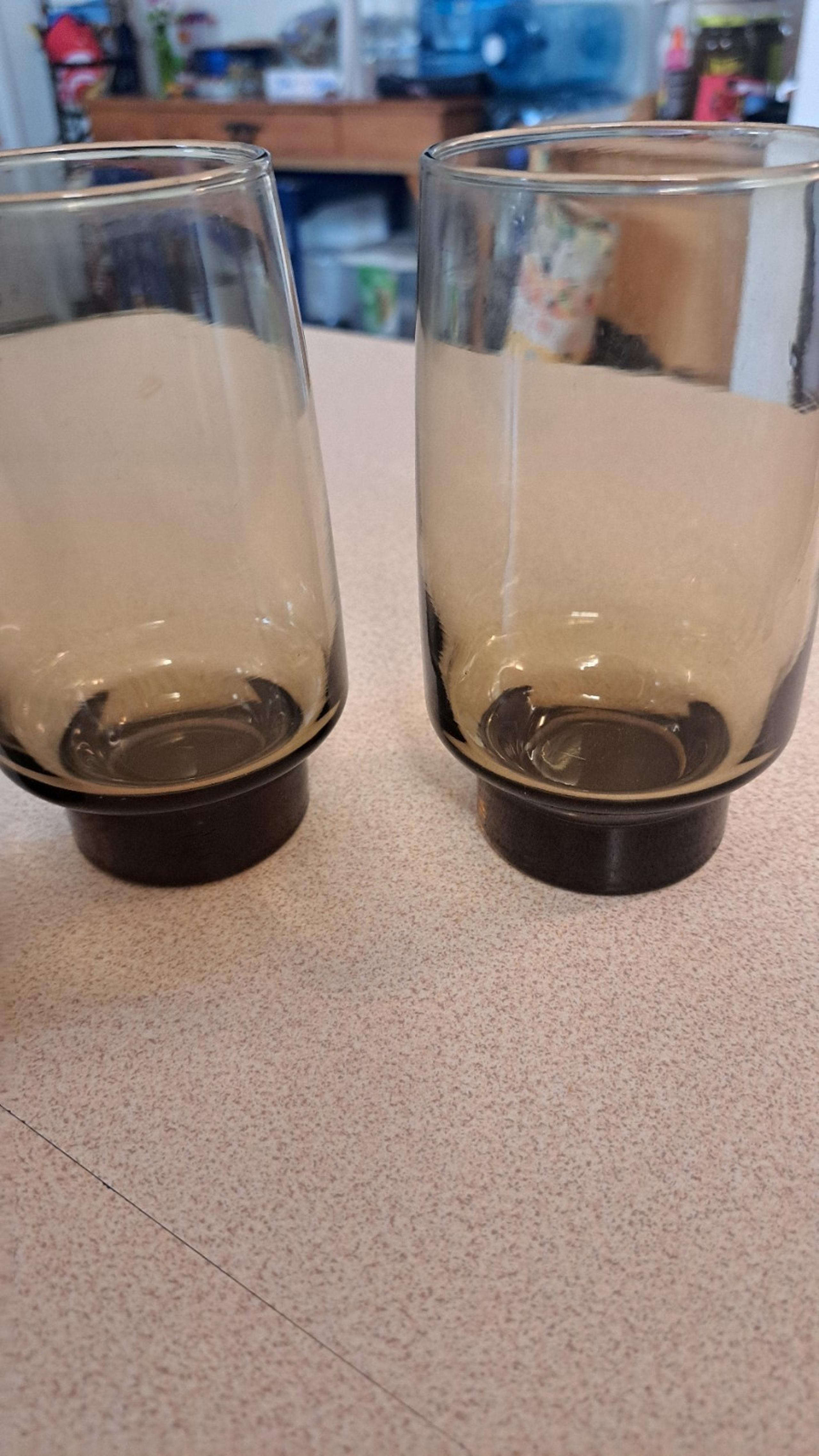 Lot Of 3 Libbey Tawny Accent Smoke Brown 14 Oz Glass Tumbler Stackable 1970s