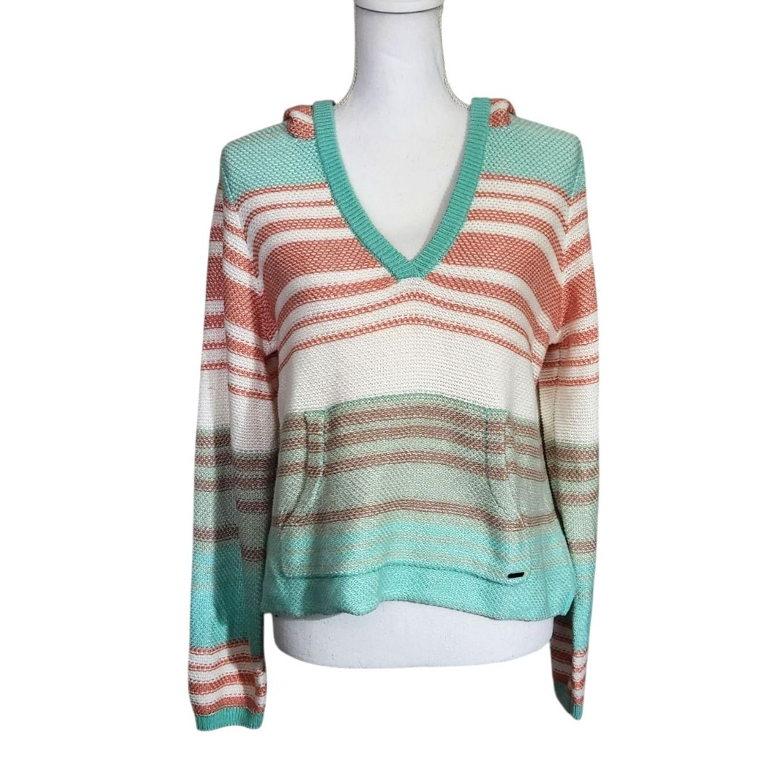 O'Neill Cropped Hooded V-Neck Sweater Orange Green Stripe Pocket Womens Small