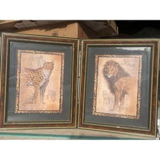 Home Interiors Lion & Cheetah Picture Frame Set of 2 Prints signed J. Gibson