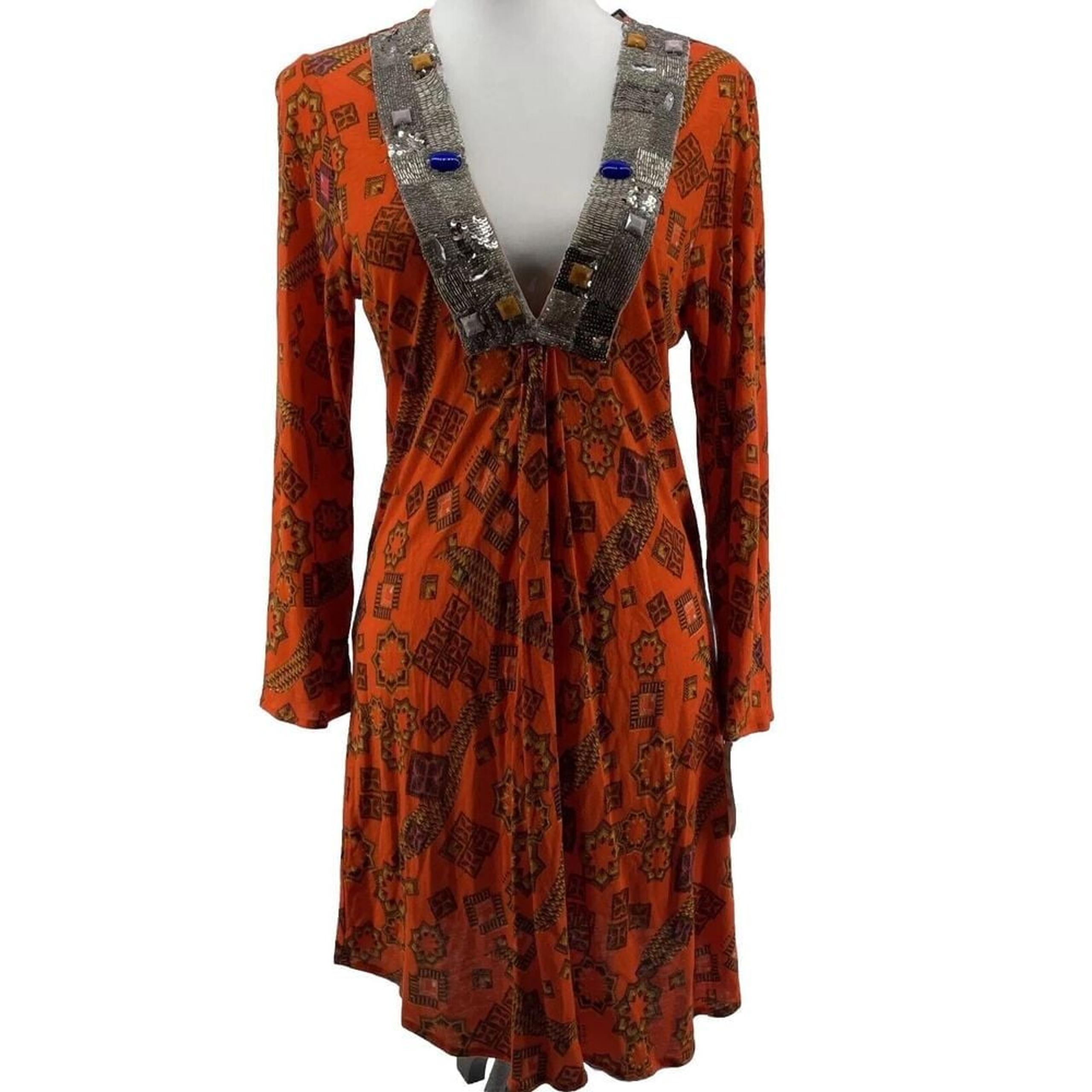 T-Bags Los Angeles Mini Dress Women's Small Knit Beaded V Neck Orange Artsy New