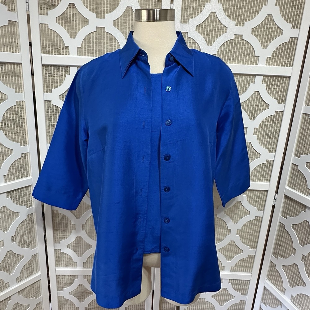 Vintage Karen Arnold 100% Silk Shirt Tank Set Women M Cobalt Blue Classic Dressy