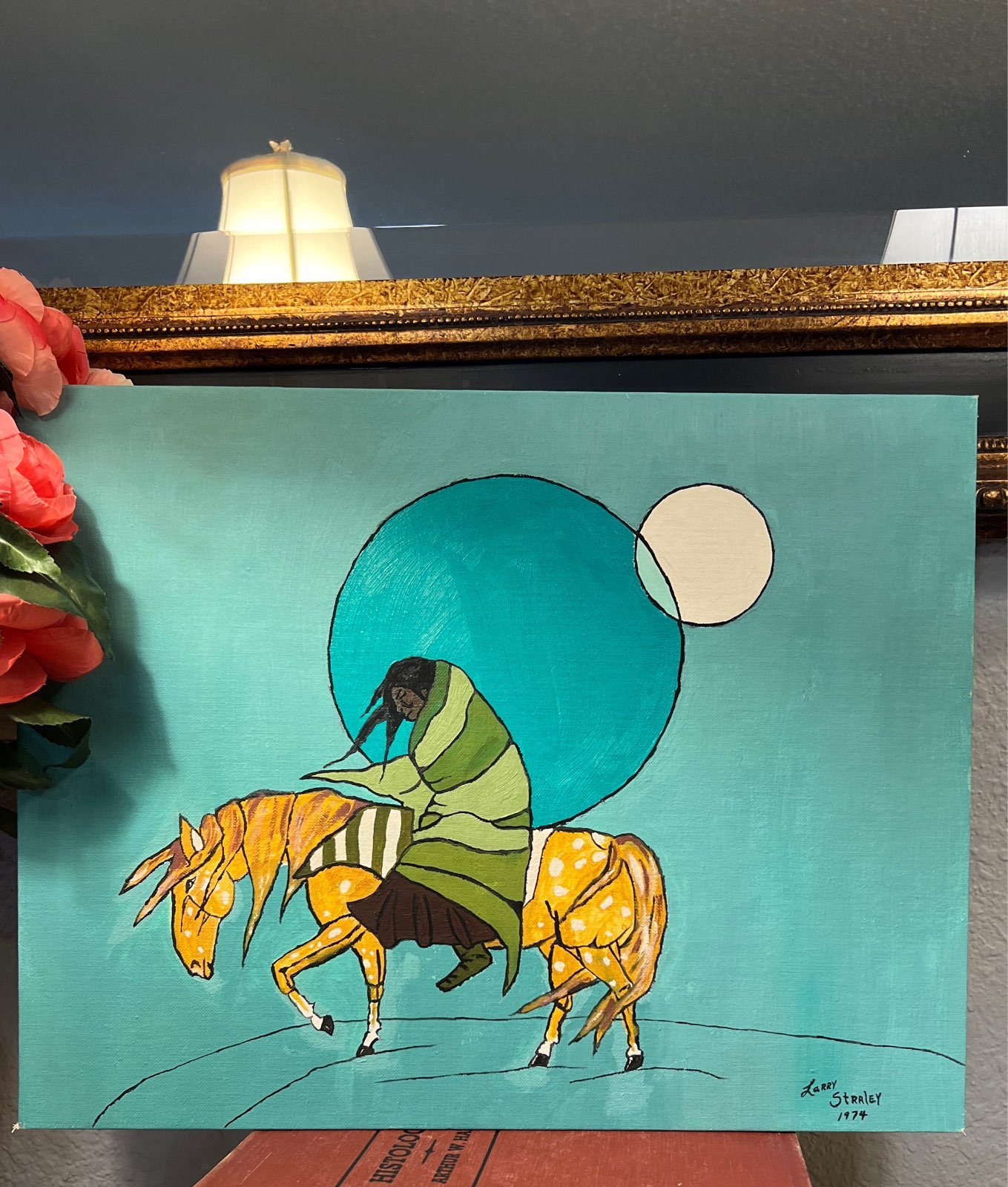 Vintage 1974 Native american man on a horse signed by artist 14 x18