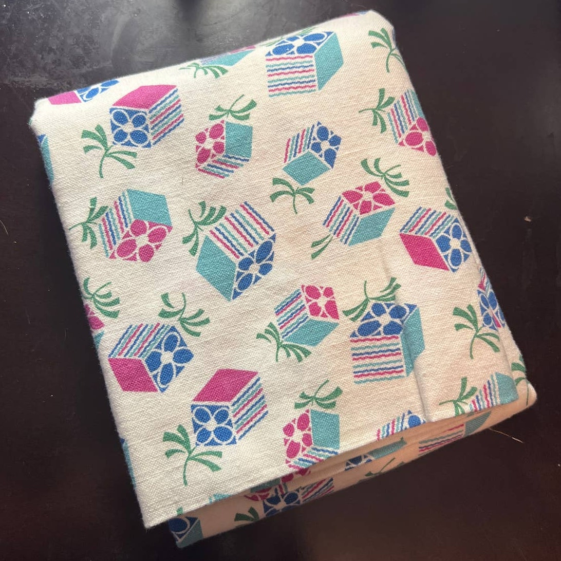 Vintage Cotton Flour Feed Sack with pink teal blue present boxes