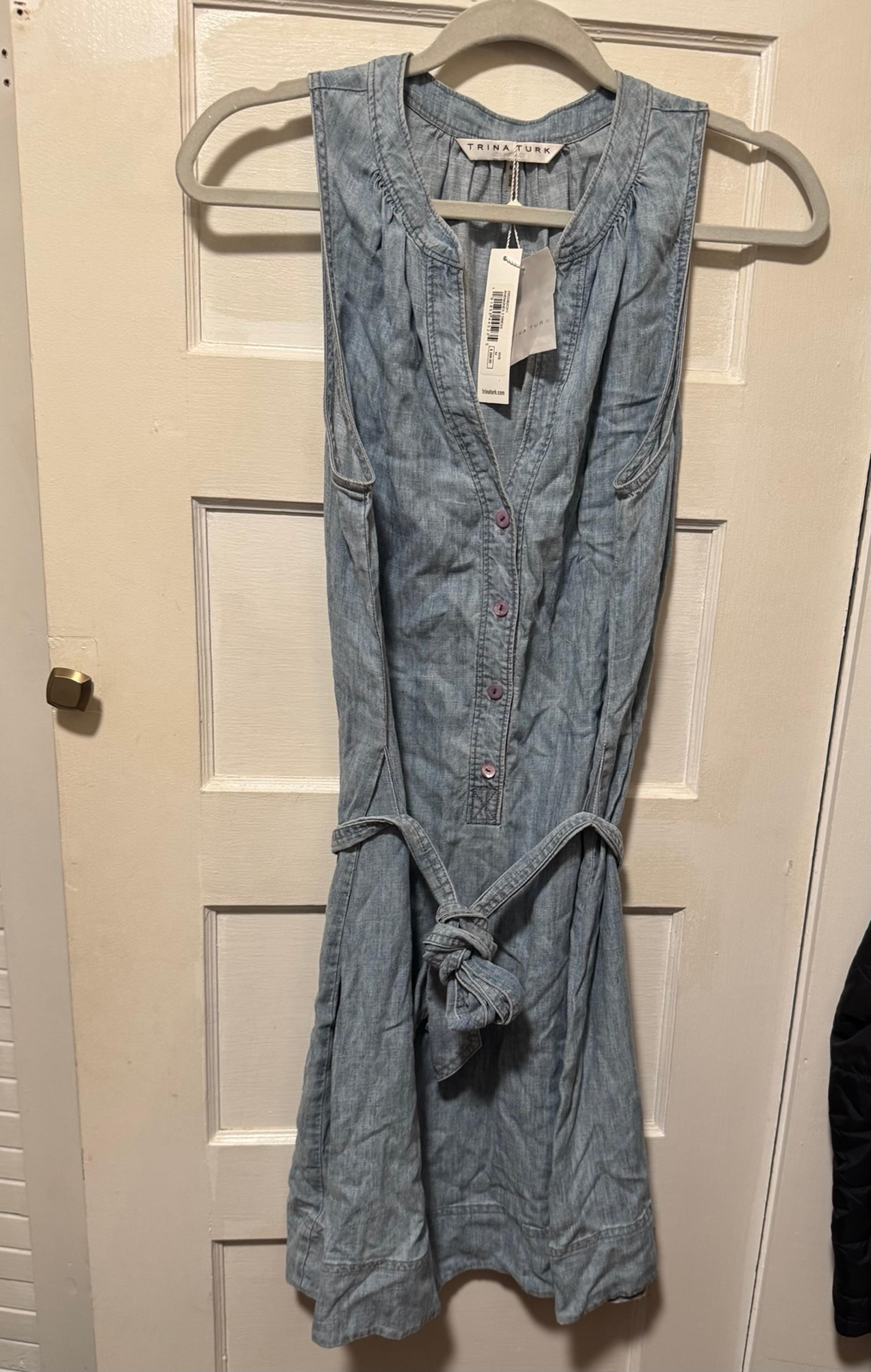 TRINA TURK Womens A-line Sleeveless Waist Strap Button-Up Denim Blue Dress Sze M