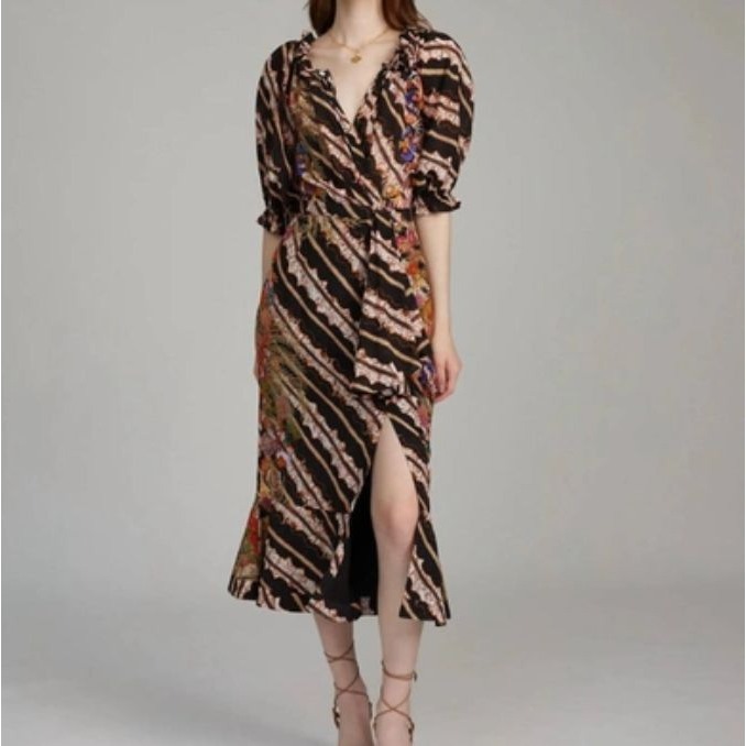 NWT SALONI Olivia Wrap-Effect Printed Silk Crepe De Chine Midi Dress Size 12