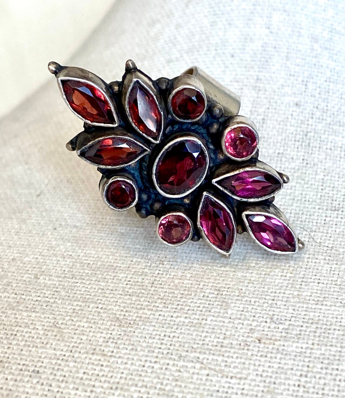 Sterling Silver Garnet and Pink Tourmaline Gemstone Statement Ring Size 9