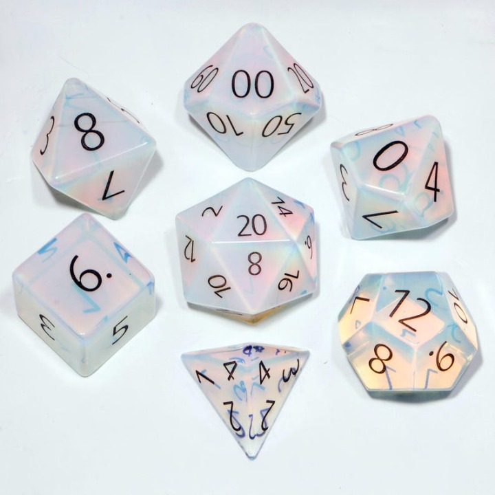 Engraved Opal Gem Polyhedron Dice Set: Hand Carved Quality! Full size 16mm.
