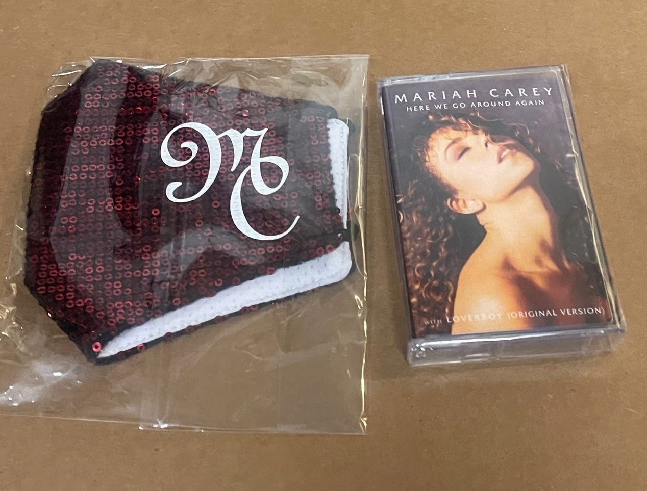Mariah Carey Here we go around again cassette & christmas red sequin face mask