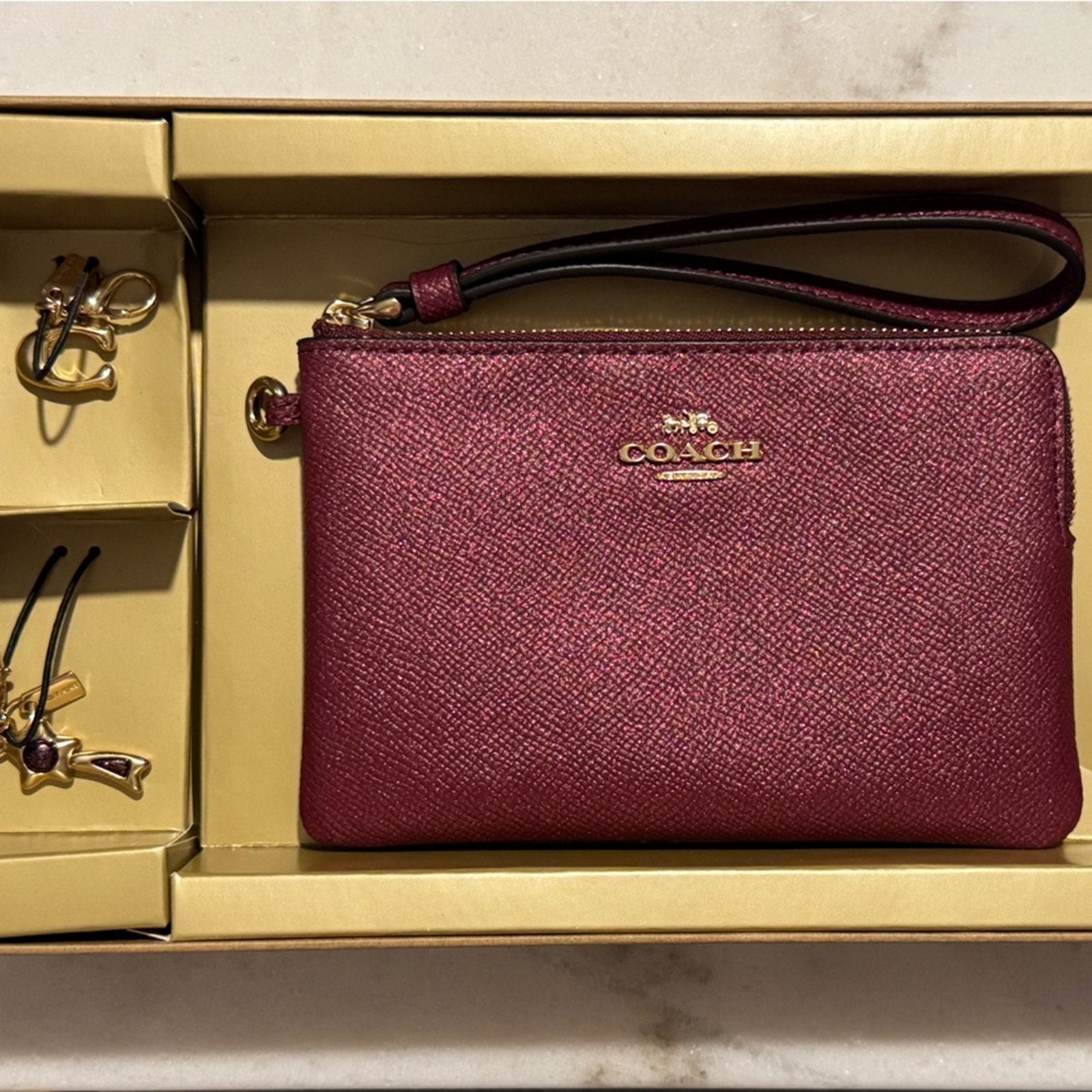 Coach Metallic Pebbled Leather Wristlet – Maroon | New in Box | Includes 2 Charm