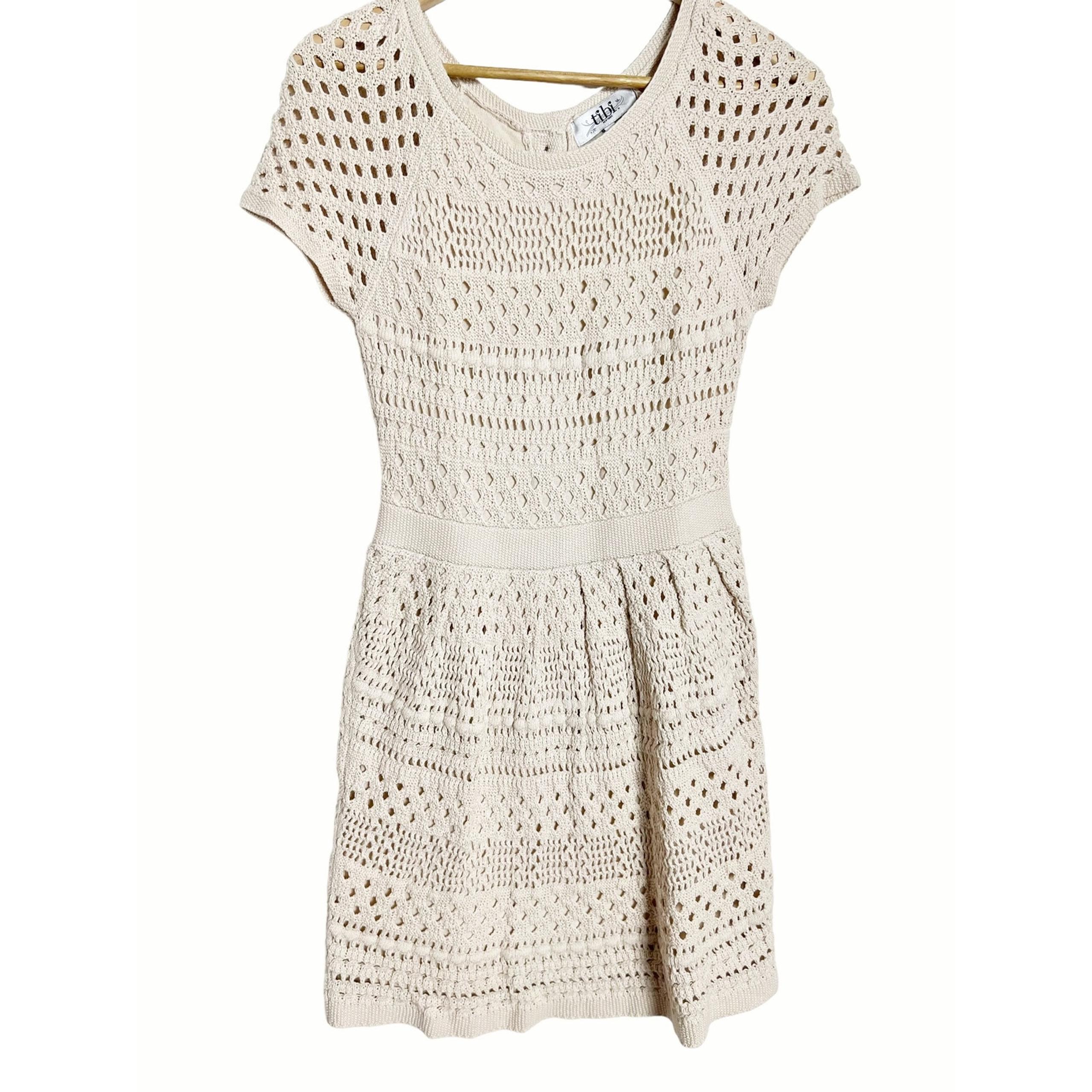 Tibi Beige Crochet Button Preppy Cottagecore A-Line Dress Size Small