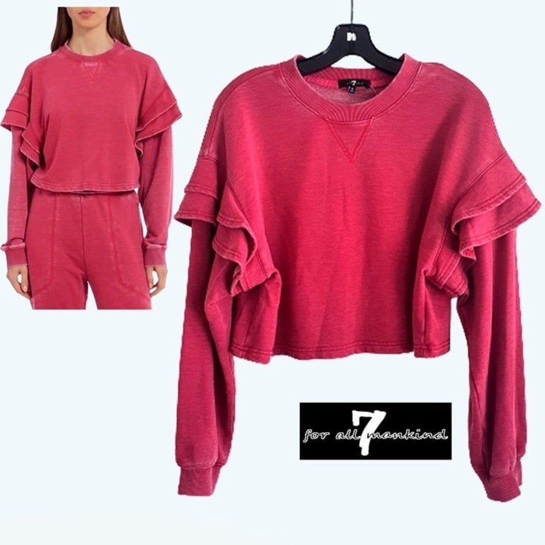 7 FOR ALL MANKIND NEW RED BERRY Ruffle Drop Shoulders Crop Sweatshirt M