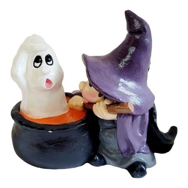 VTG  Ceramic Halloween Witch Boy With Cauldron and Ghost Figurine Statue READ