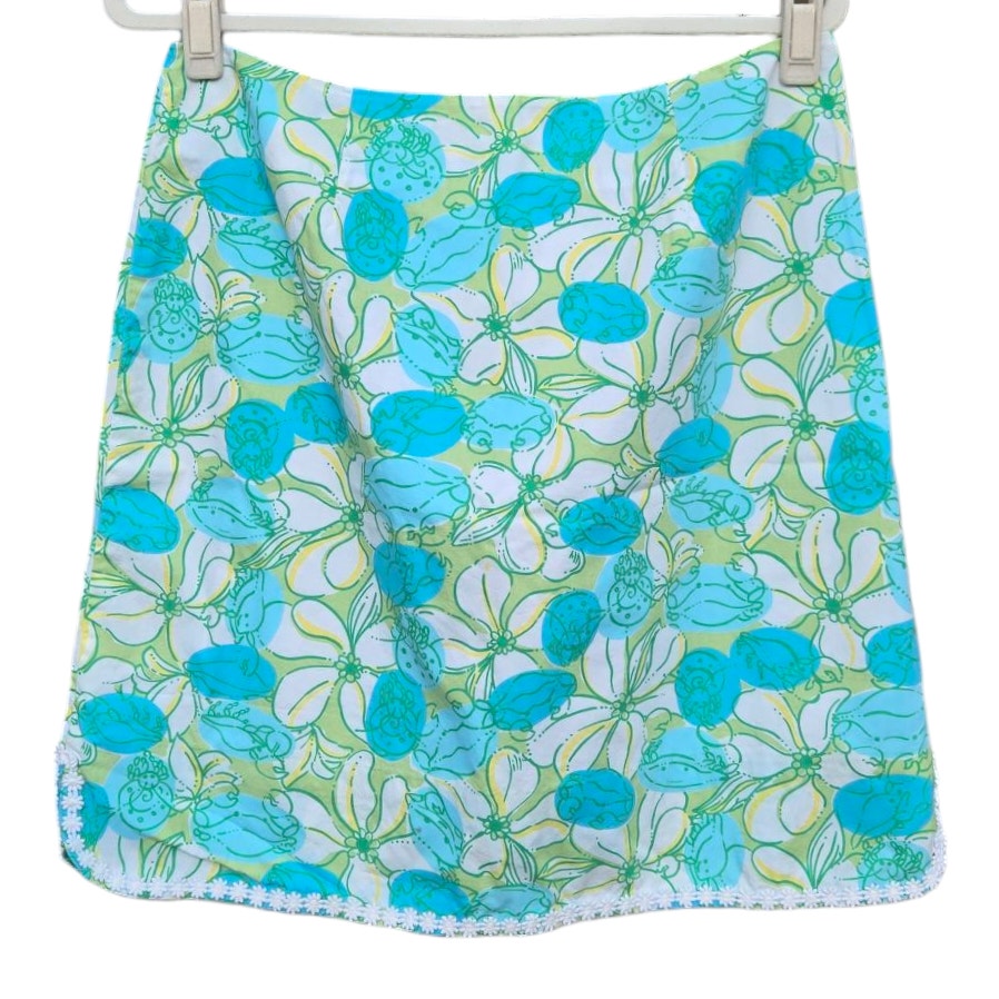 Lilly Pulitzer VTG White Label Guava Green Crabcake Blue Floral Skirt Size 10