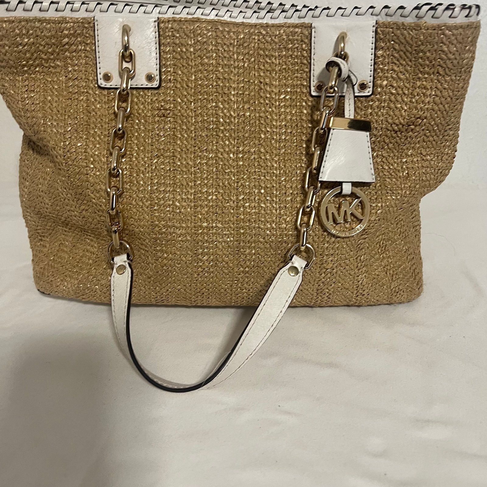Michael Kors Straw Rosalie Tote Handbag with White Leather Straps and Gold EUC