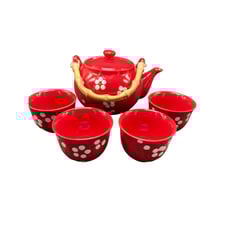 World Market Blossom Tea Set Teapot with Bamboo Handle & 4 Cups