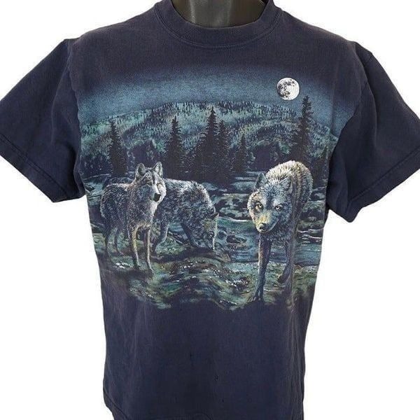 Wolves T Shirt Mens Size Medium Vintage 90s Wolf Moon All Over Print Nature Tee
