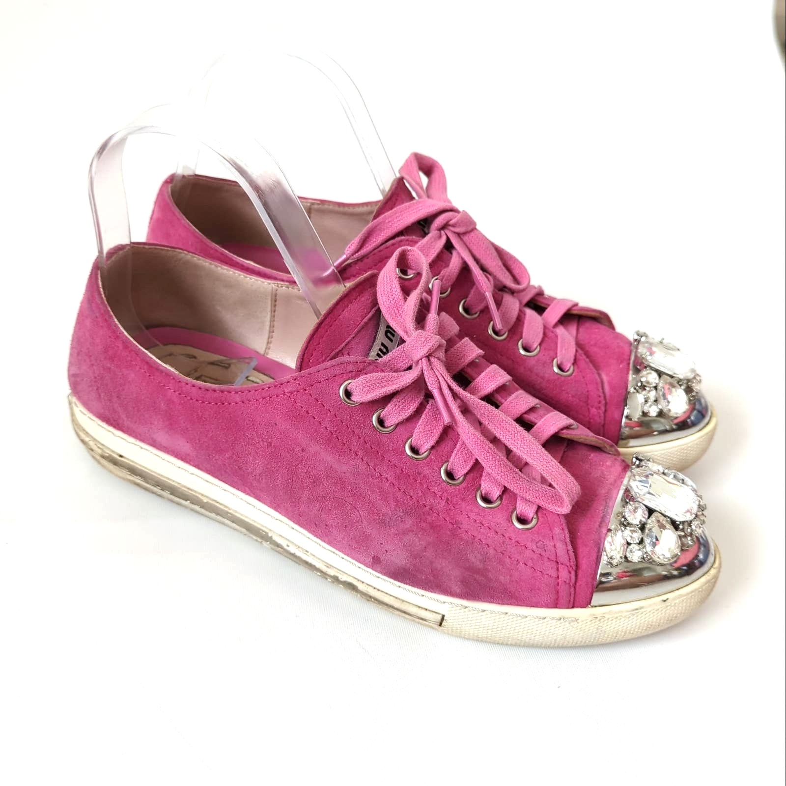 Miu Miu Pink Y2K 90s Suede Studded Crystal Toe Sneakers Platform Chunky 9 9.5