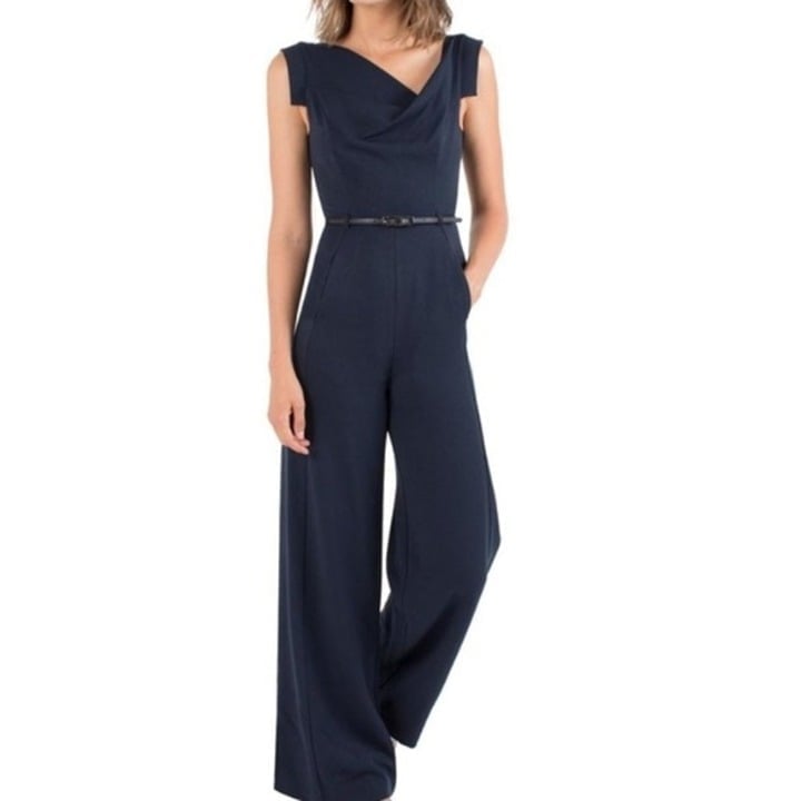 Black Halo Jackie O Belted Romper Dressy Jumpsuit Navy Blue Sz 6