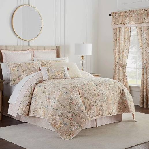 NIB WAVERLY 4 Piece Full Queen Quilt Set Mudan Taupe Floral with Birds