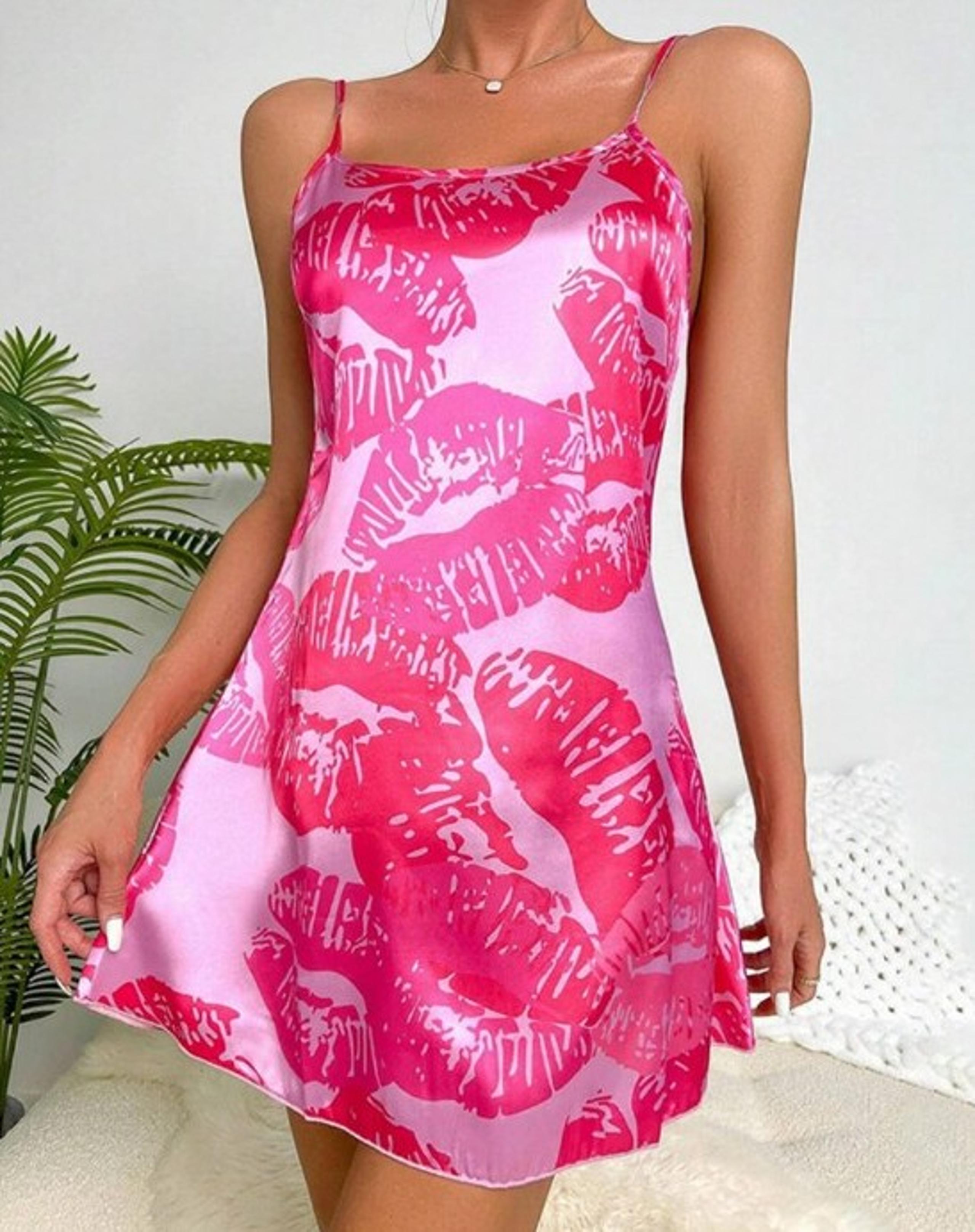 Pink Kiss Lip Prints Lingerie Satin Mini Slip Dress Nightgown PJ's Lounge Wear