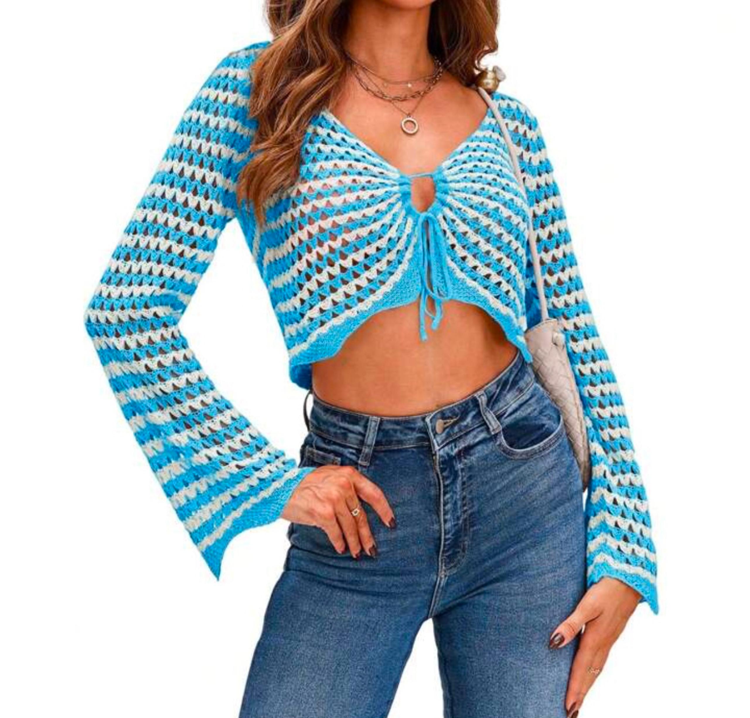 BZB Womens Crochet Crop Tops Tie Front Long Bell Sleeve Sexy V Neck Striped Knit