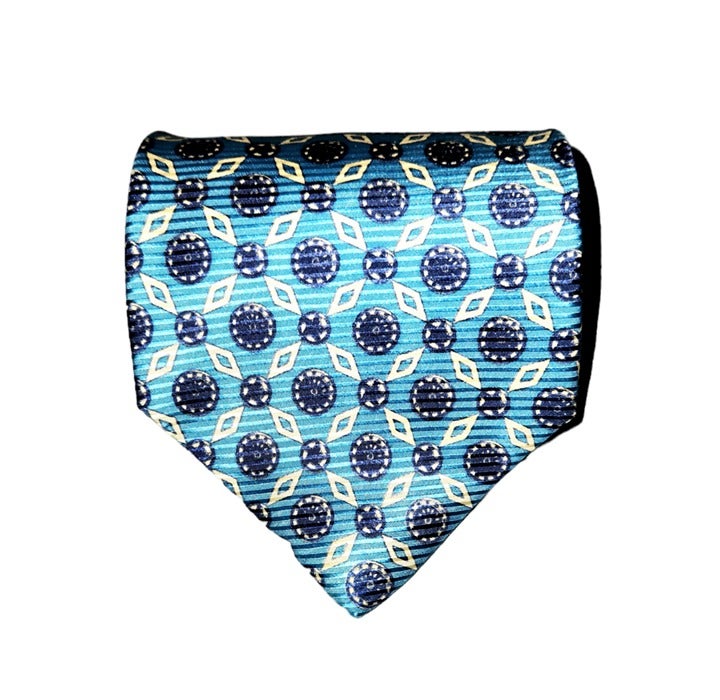 Versace Classic V2 Necktie Men's Blue White Geometric Patterns Silk Made in Ital