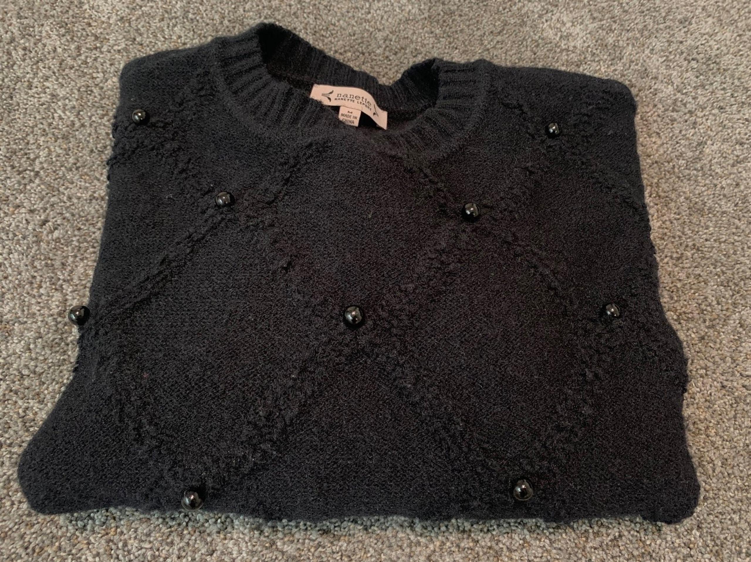 nanette lepore crewneck pullover sweater with black pearl beads women size M