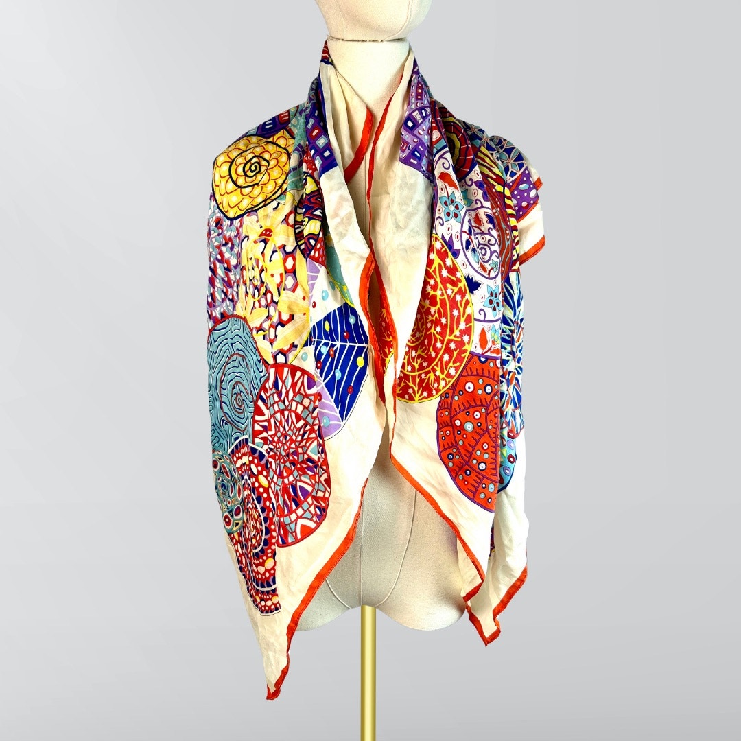 100% Silk Colorful Geometric Design Multi Use Scarf
