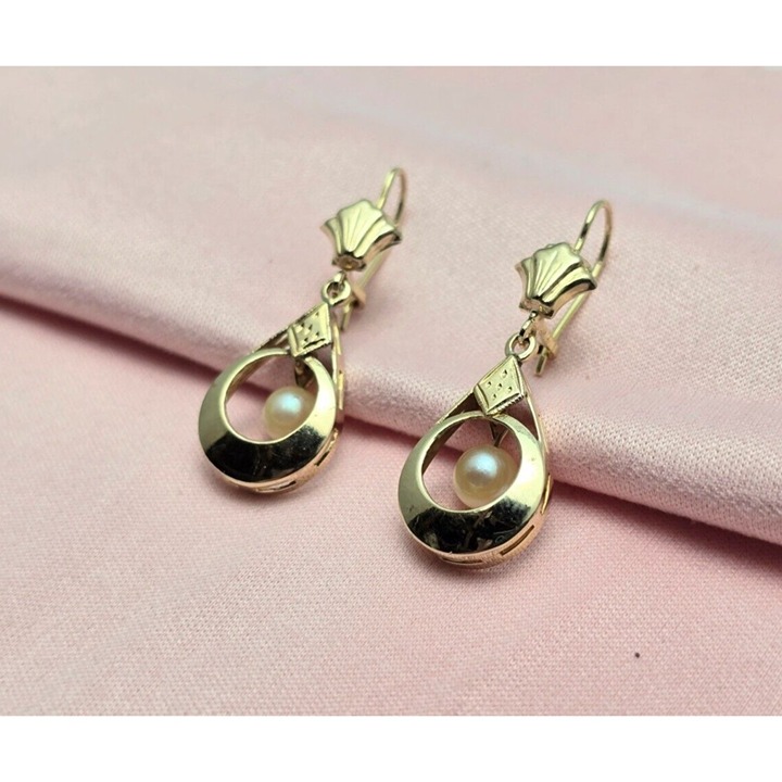 Beautiful 14K Solid Yellow Gold Designer Pearl Drop Dangle French Clip Earrings