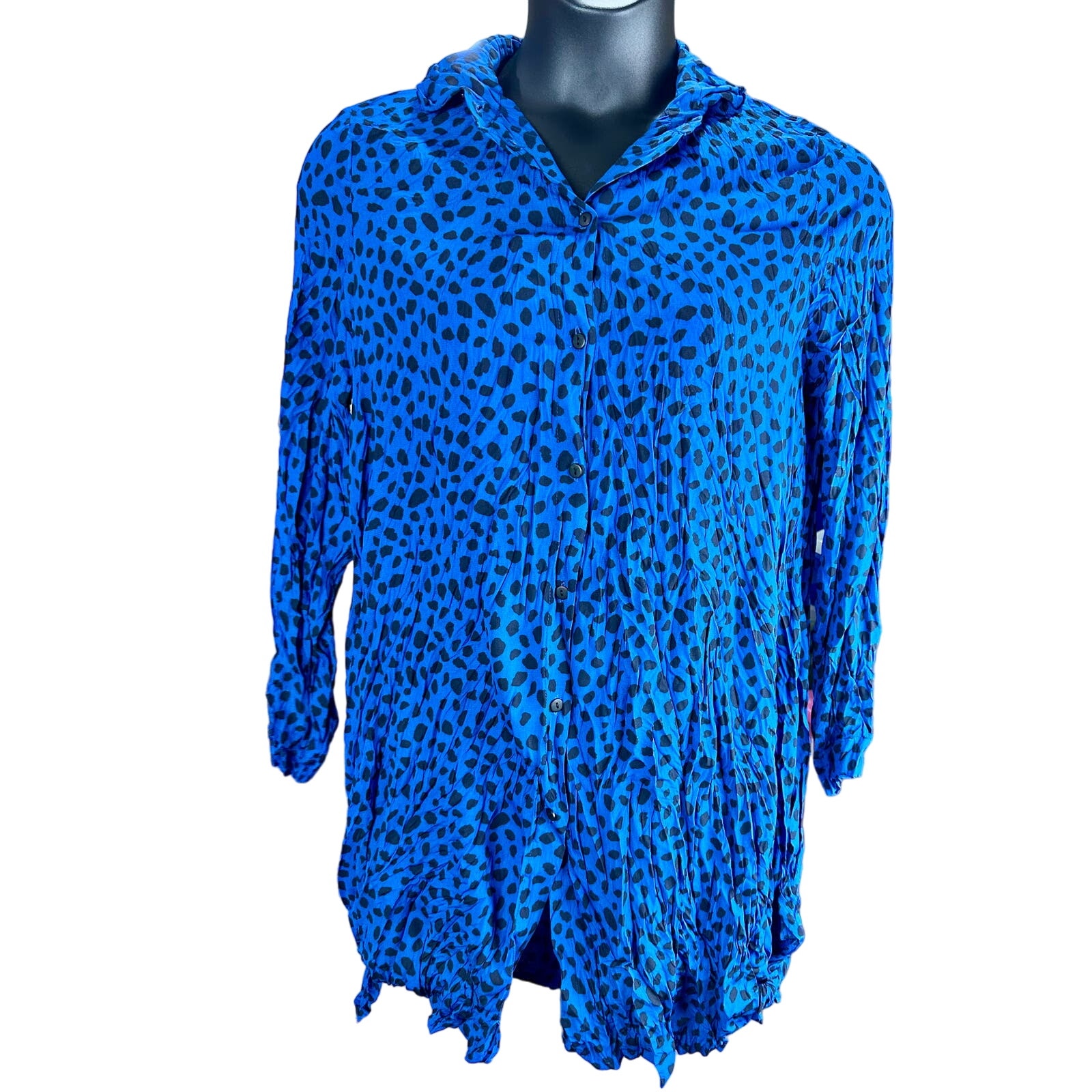 Alembika blue animal print tunic dress polyester button up crinkled top SZ 3 med