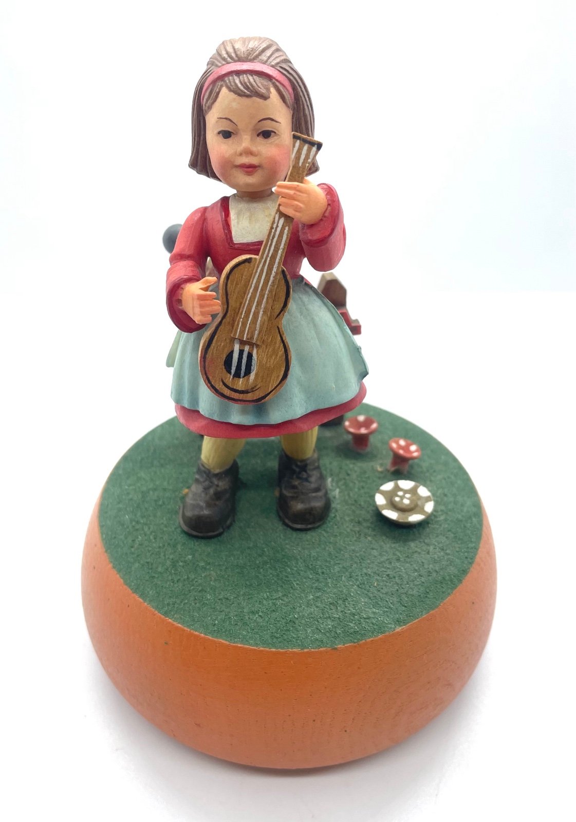 VINTAGE Music Box Carved Wood ANRI Italy Girl with Fiddle/Violin and Bird