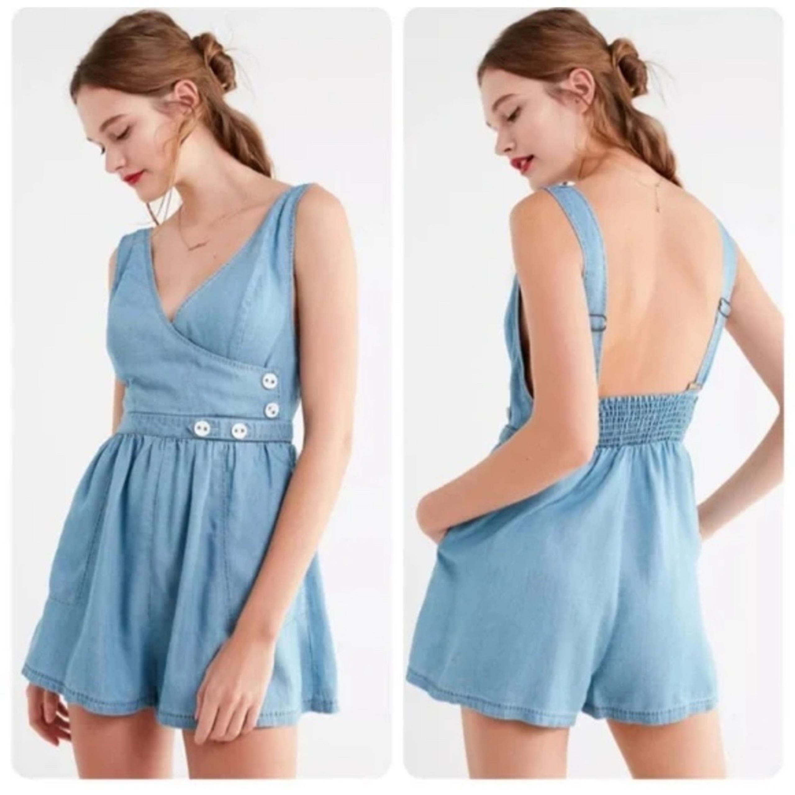 Urban Outfitters Denim Romper V-Neck Sleeveless Button Accent Casual Jumpsuit
