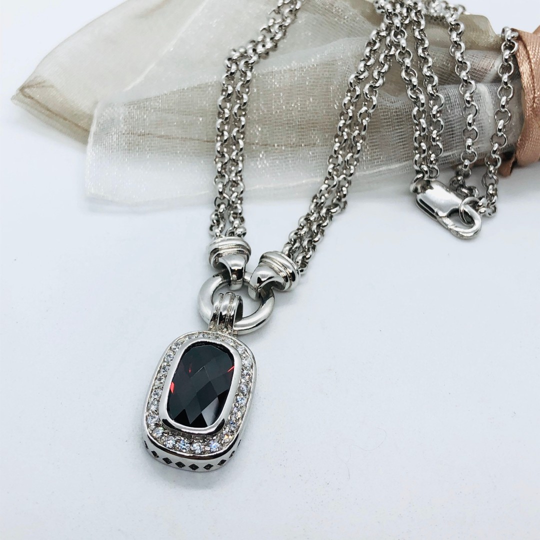 Sterling Silver Dark Red CZ 16” Double Strand cable Chain Necklace