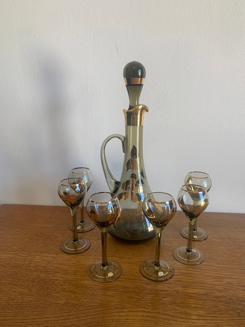 Vintage Made In Hungary ART Glass Decanter Glasses Set Hand Painted Gold Trim