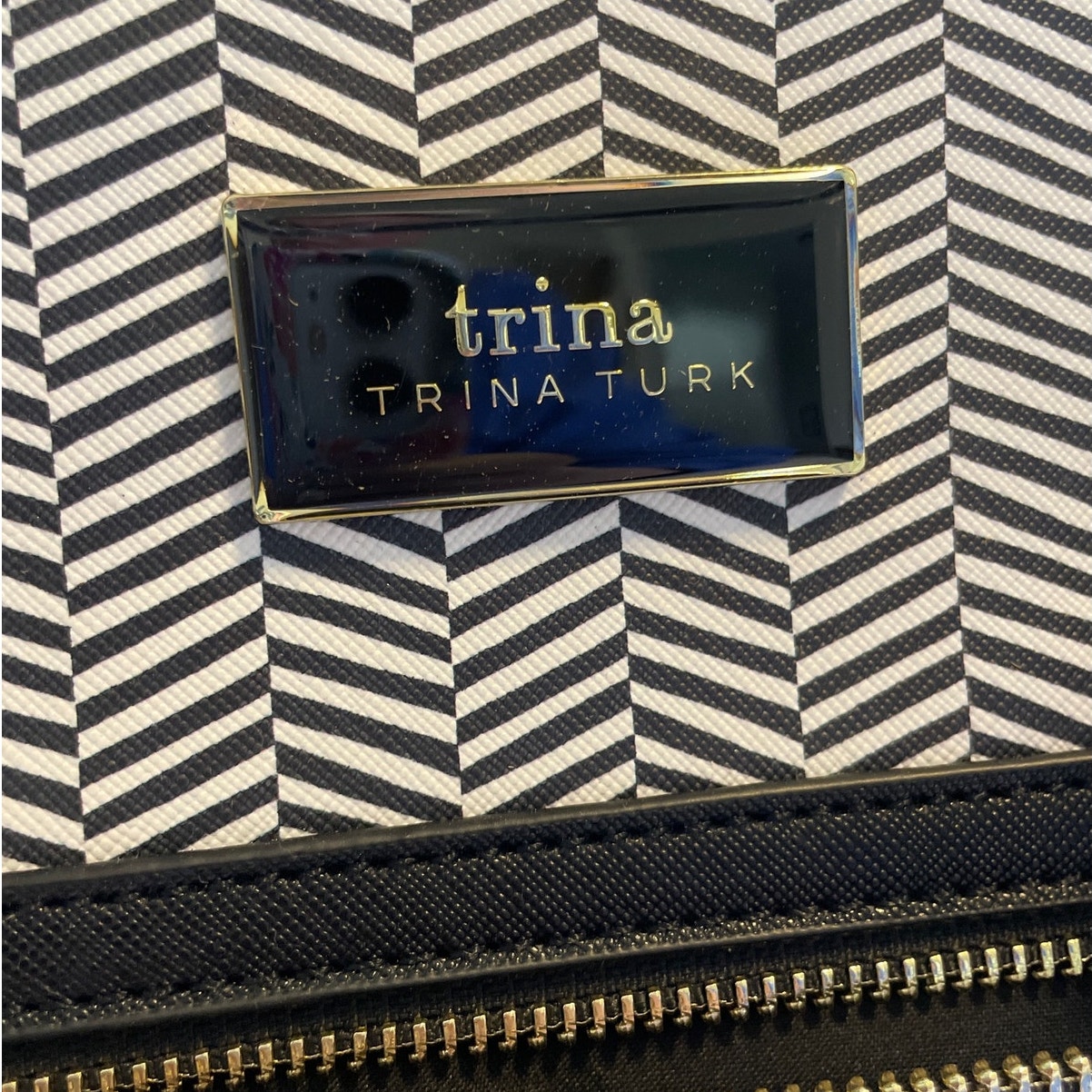 Trina Turk Herringbone Black White Shoulder Tote Detachable Strap NWT