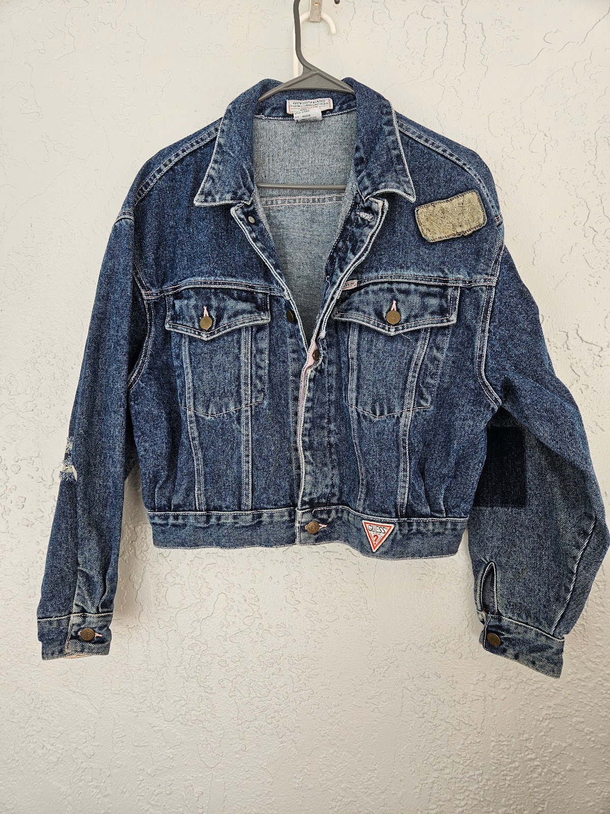 Vtg Guess Patchwork Distressed Denim Womens XL Jean Jacket Grunge Y2k rare