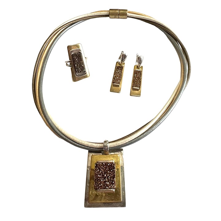 RIM Studio Jewelry Set Drusy Brass & Sterling Silver b1453