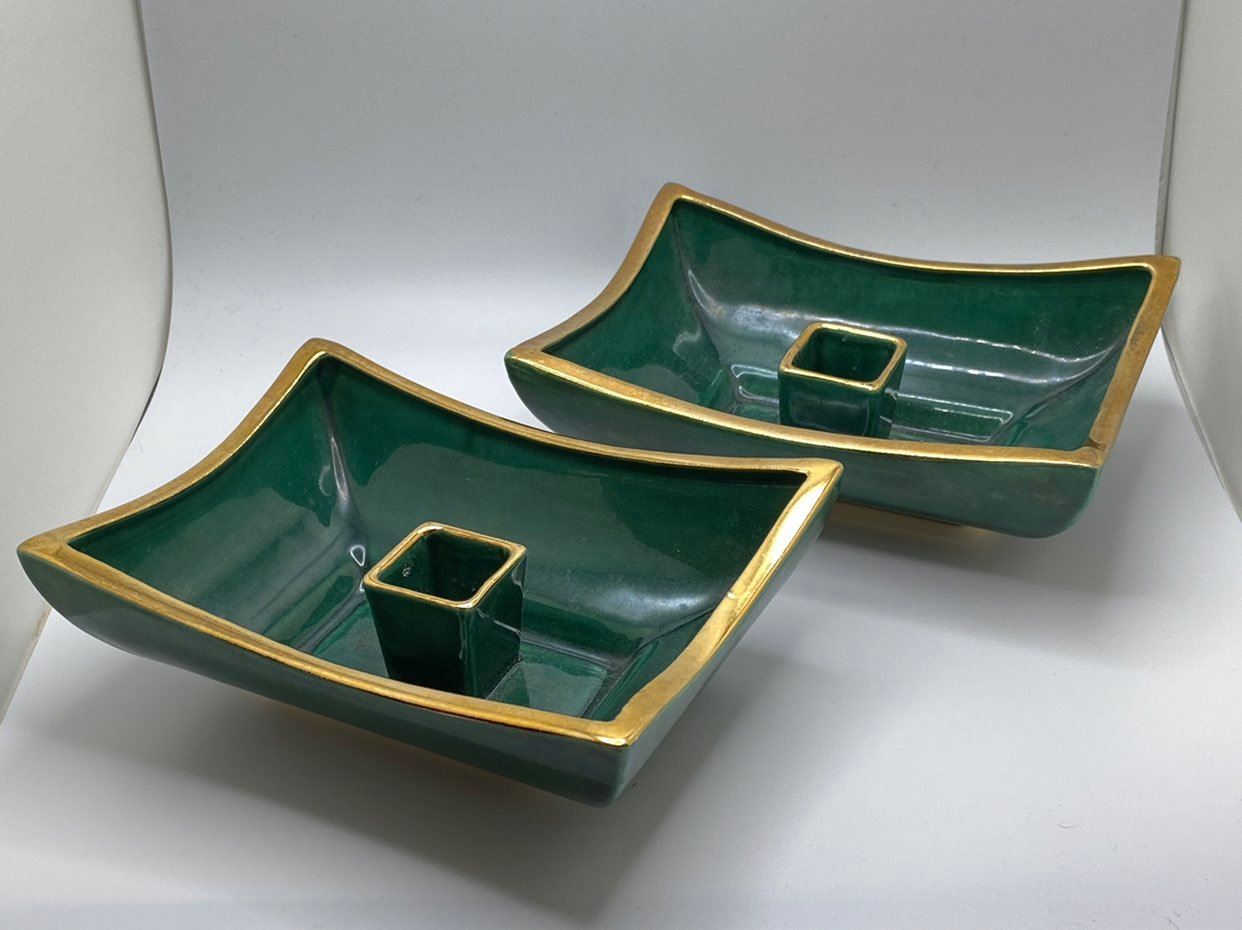 Mid Century Square Green Gold Ceramic Candle Holder Trays