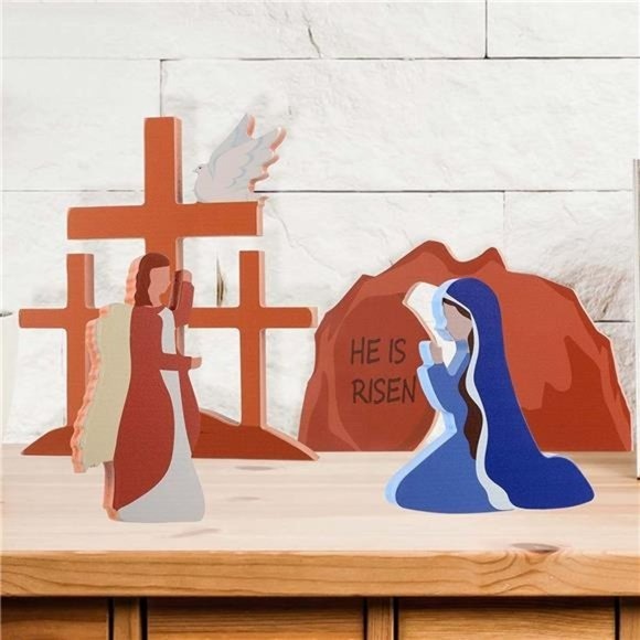 Easter Decorations, 4pcs Religious He is Risen Decor, Wooden Empty Tomb