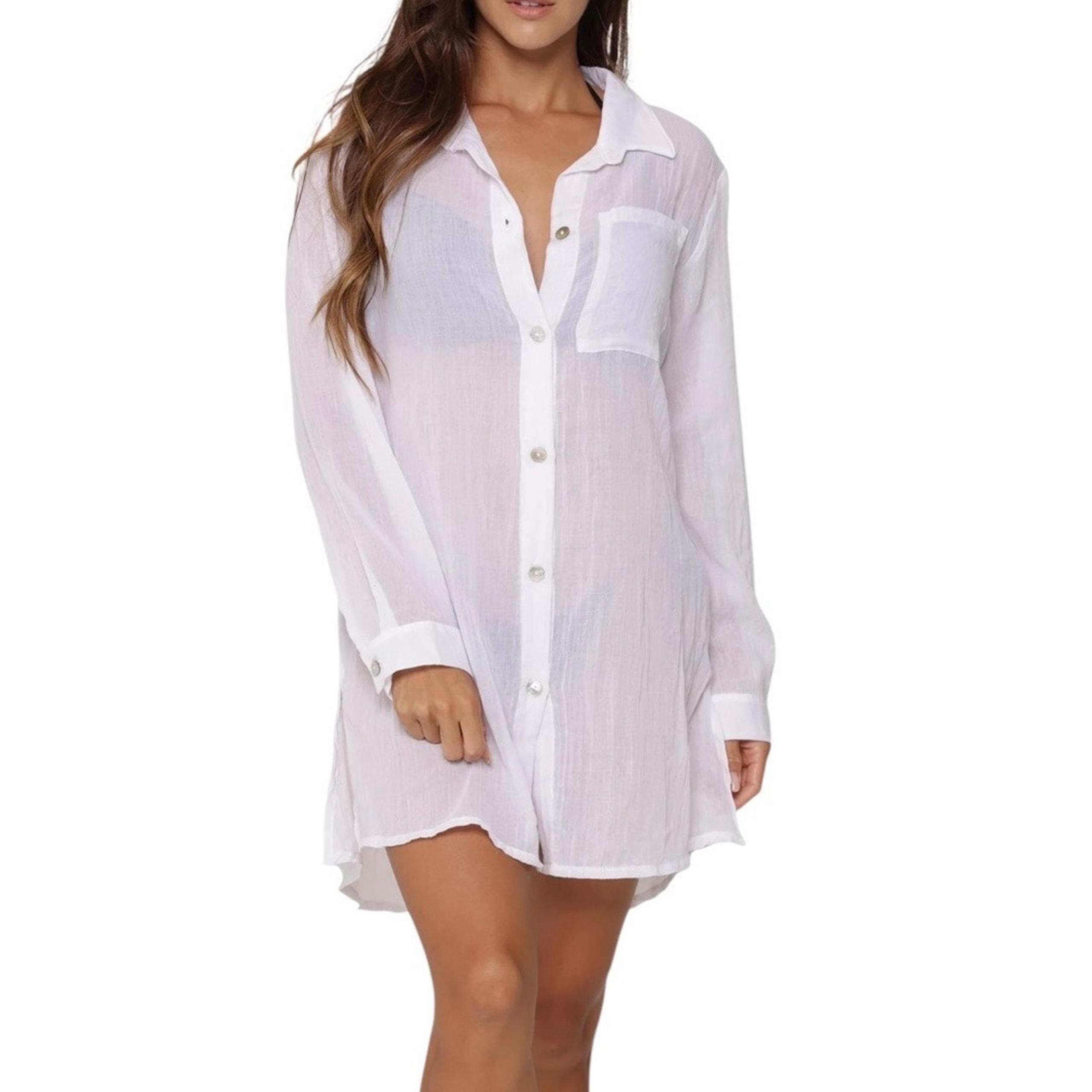 J Valdi Women’s Button Front Camp Shirt Swimsuit Coverup White Size S