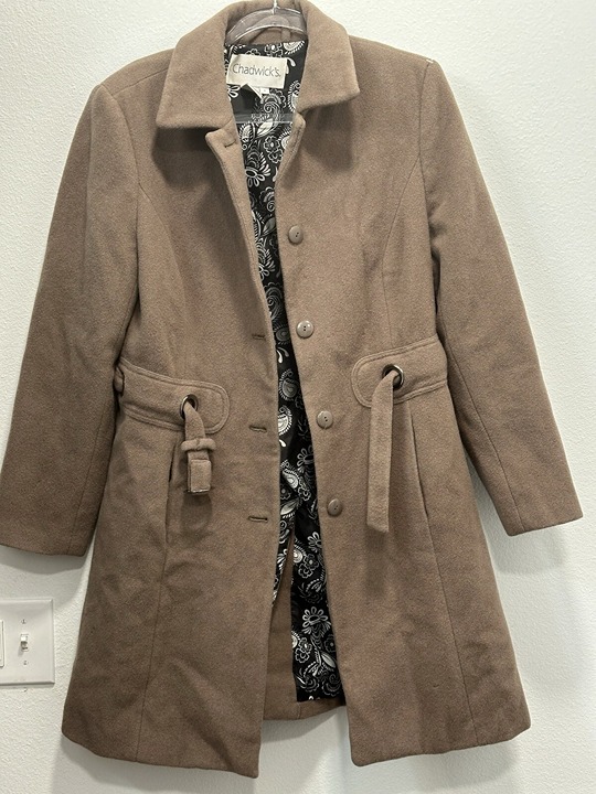 Chadwick's Wool Knit Coat Sz 8P Brown Floral Mid Length Lined Vintage 90s