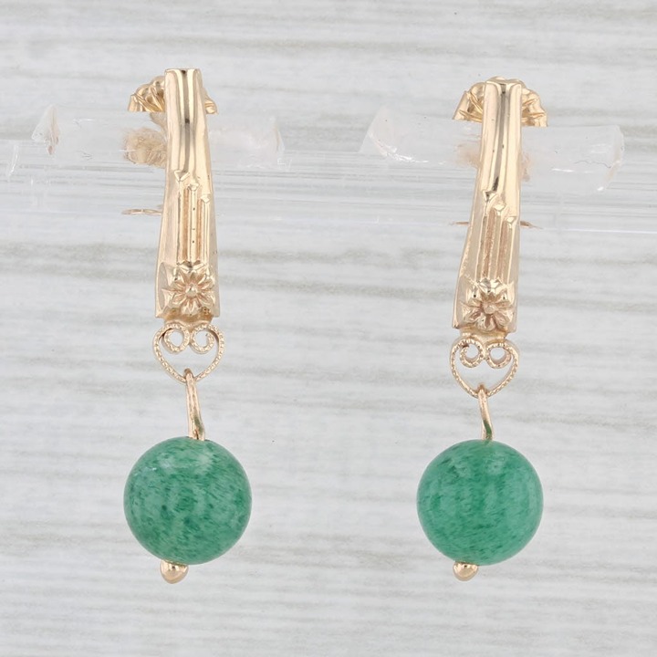 Green Aventurine Bead Drop Earrings 14k Yellow Gold