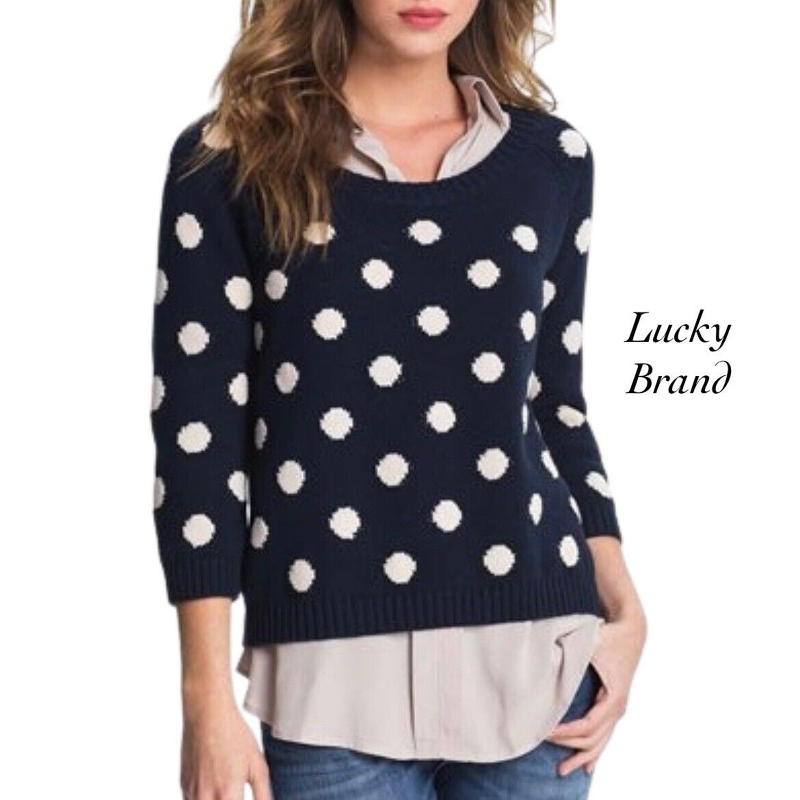 Lucky Brand Paula Blue Polka Dot 2/3 Sleeve Sweater Scoop Neck Size M