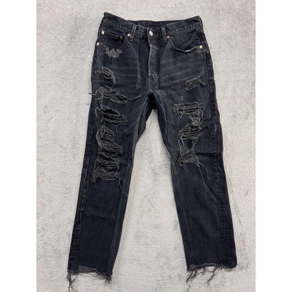 Levi's Premium 501 Original Cropped Women Black Measured 29x27 Distressed Ripped